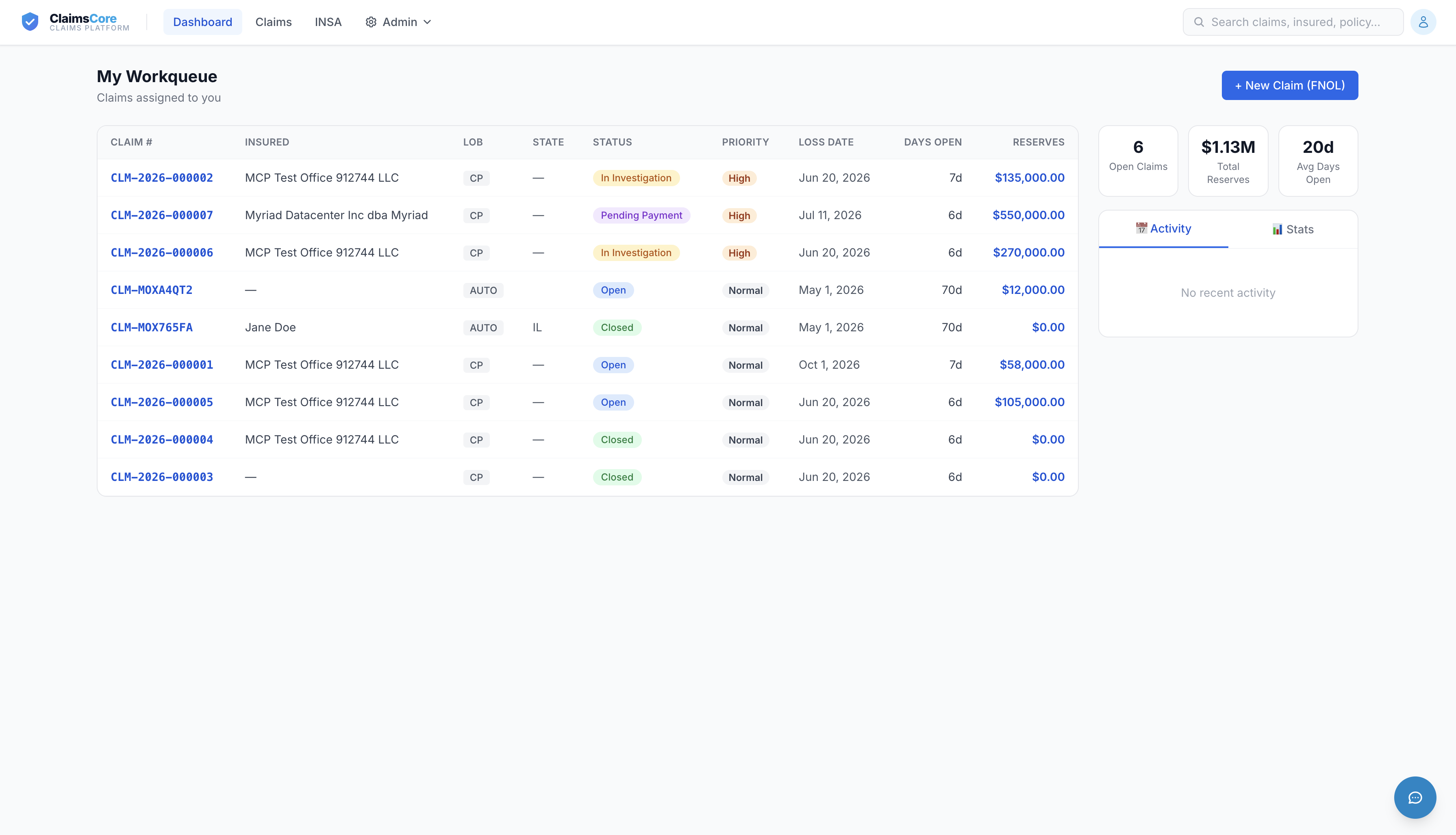 ClaimsCore workqueue dashboard