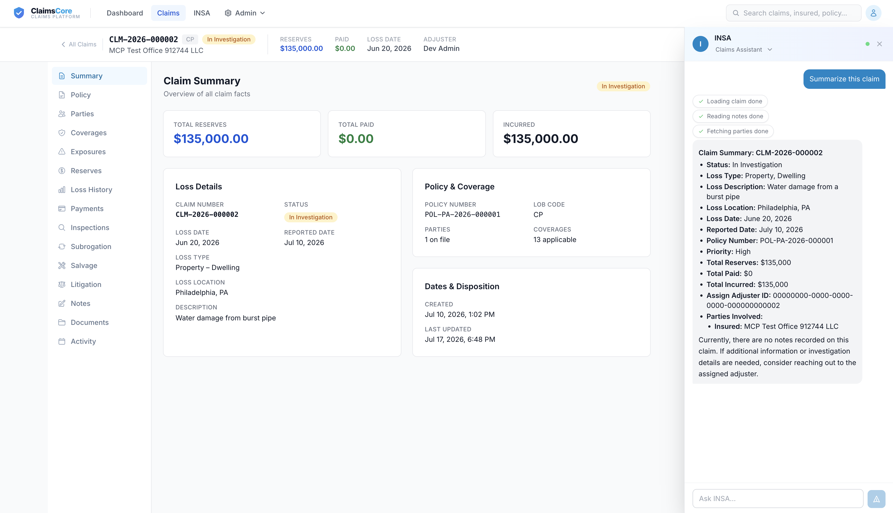 ClaimsCore claim summary with INSA assistant